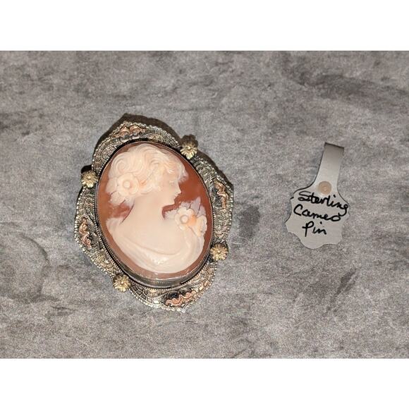 Beautiful Vintage 1990s Cameo Pin Brooch .925 Sterling Silver Floral Frame 1.75" - Picture 4 of 6
